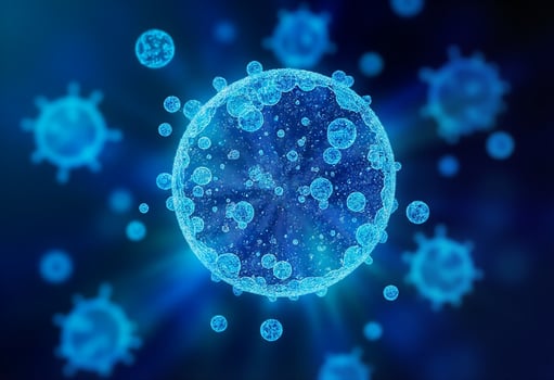 A blue virus surrounded by many small bubbles photo