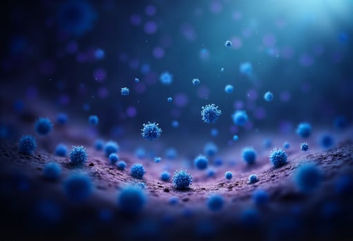 Blue viruses in the air with light shining on them photo