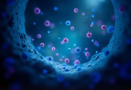 A virus is seen in a dark tunnel with blue and purple particles photo