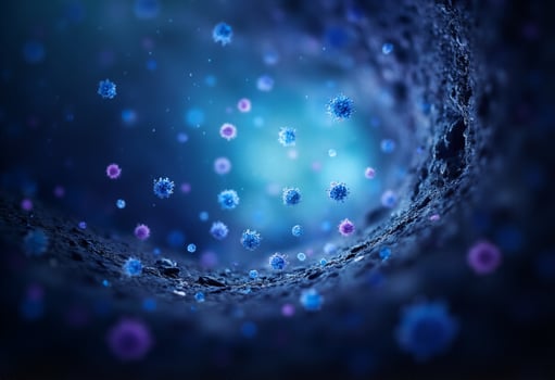 A blue and purple background with many viruses photo