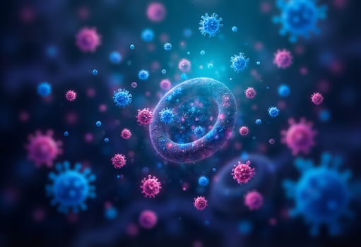 The coronavirus is surrounded by blue and pink viruses photo