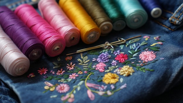 Colorful threads and delicate embroidery on denim fabric showcase the art of textile crafting with vibrant hues and intricate designs photo