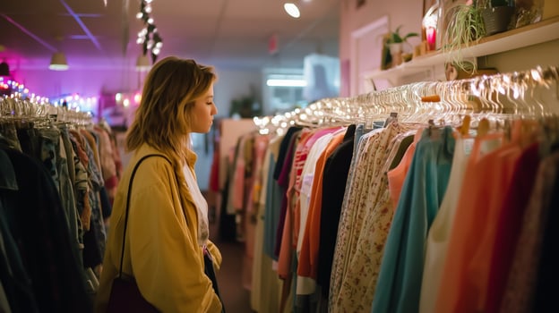 Young woman browsing vintage clothing racks in trendy shop during evening hours with soft lighting photo