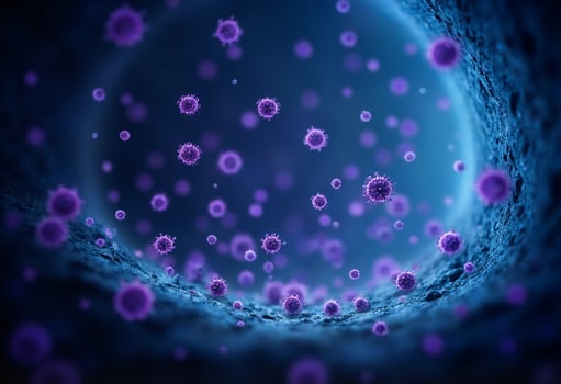 A virus is surrounded by purple cells photo