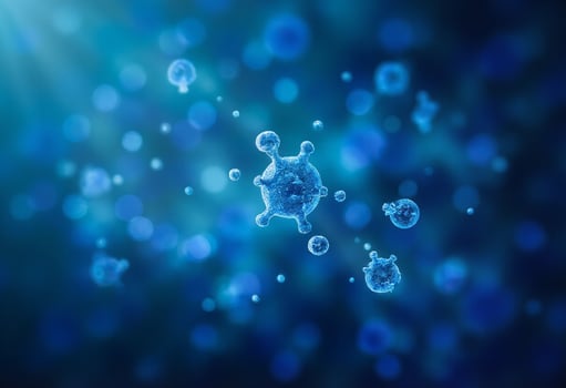 Blue virus particles on a blue background photo