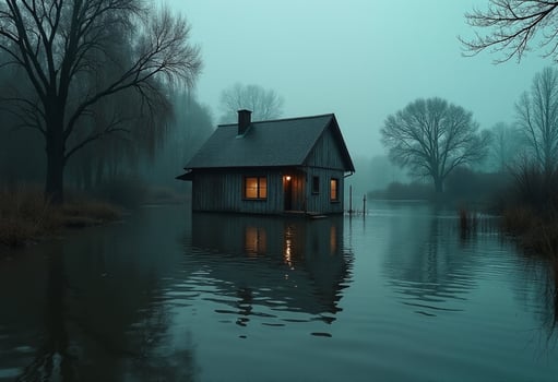 Flooded Wooden House in Rainy Landscape photo