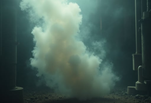 A smoke cloud is seen in a dark room photo