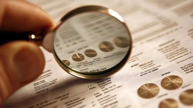 A magnifying glass inspecting financial documents with charts and figures photo
