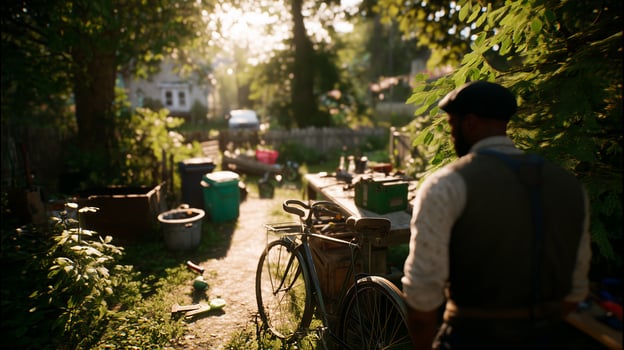 Exploring a nostalgic garden with a rustic bike in a serene neighborhood during golden hour photo