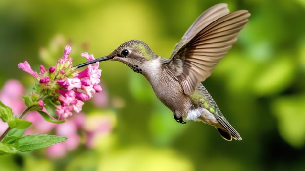 A tiny hummingbird extends its beak to nectar from a flower photo