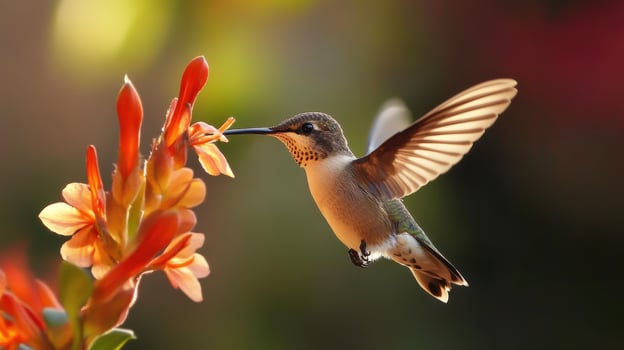 A tiny hummingbird approaches a bright orange flower in flight photo
