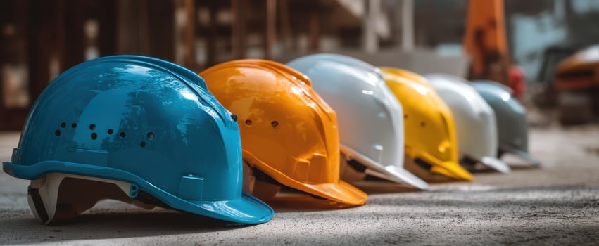 The collection of colorful hard hats arranged in a row on a construction site. photo