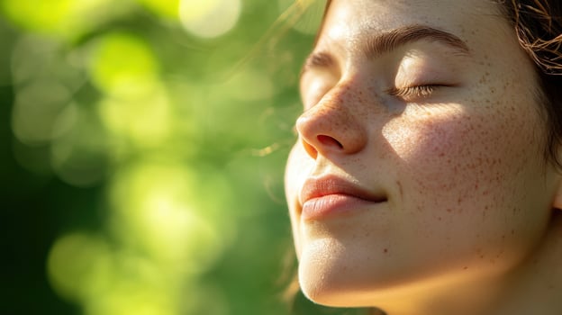 A Young Woman Outdoors Enjoying the Warm Sunlight and Fresh Air photo