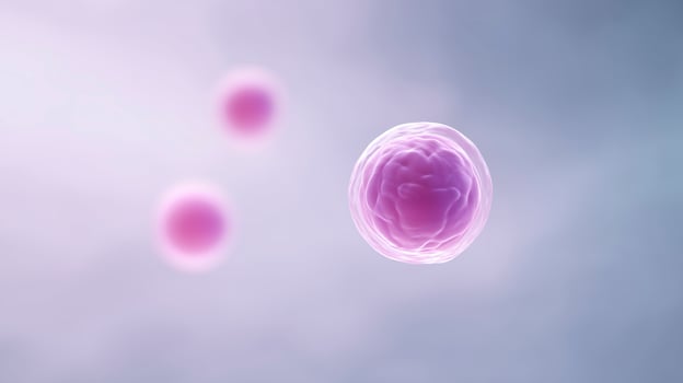 Abstract illustration of microscopic cells in vibrant purple hues floating in a soft gradient background representing biological processes and life photo