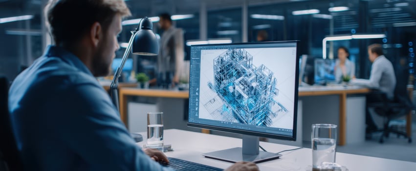 The designer working on an advanced architectural project in a modern office. photo