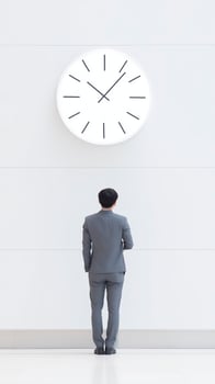 Businessman in gray suit standing in front of large wall clock, contemplating time and productivity in a modern office environment with minimalistic design photo