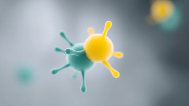 Colorful virus illustration with spherical shapes and protruding spikes representing microscopic organisms in a scientific context of health and biology photo