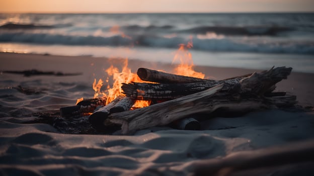 Close-up of Wood is burning on the beach photo