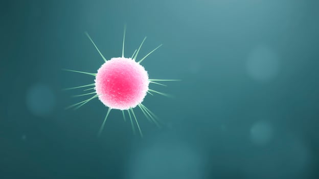 Microscopic view of a vibrant pink cell with protruding spikes against a soft blurred background showcasing biological intricacies and cellular structures photo
