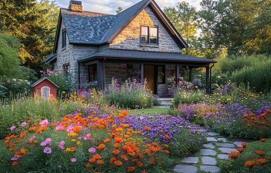 Lush cottage garden overflowing with wildflowers Ideal for spring designs, garden projects, home garden blogs, and charming countryside scenes. Abundance warmth photo
