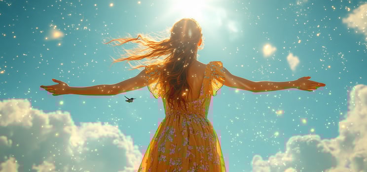 Serene auburn-haired woman in yellow sundress basking in golden light. Impressionistic style. Ideal for summer promotions, travel, wellness, or inspirational content. photo