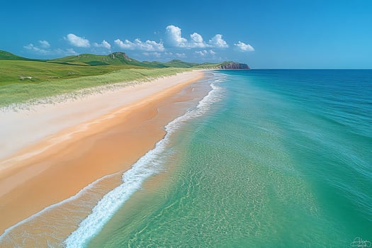 Idyllic tropical seascape. Perfect for summer vacation travel, tourism ads, or coastal resort marketing. Features pristine beach, azure water, clear skies. photo