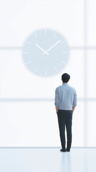 Man standing in a bright, minimalistic space gazing at a large clock on the wall, contemplating time and life decisions in a serene environment photo