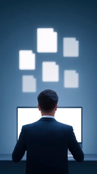 Businessman in suit working on computer with blank screen and floating document icons creating a modern workspace atmosphere for productivity photo