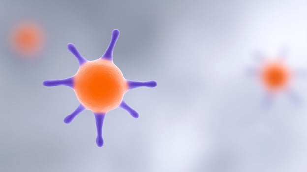 Colorful abstract illustration of microscopic cells with vibrant orange and purple details floating in a soft blurred background representing biological concepts photo