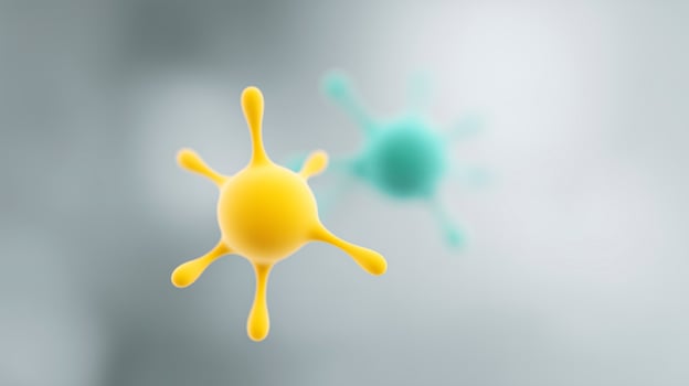 A yellow and blue virus is floating in the air photo