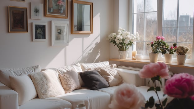 Cozy living room with natural light and decorative flowers, creating a serene home atmosphere in the afternoon photo