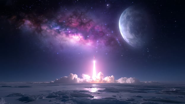 Rocket launch illuminating a vibrant galaxy under a crescent moon at night photo