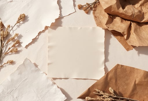Paper, dried flowers and brown paper on a white surface photo