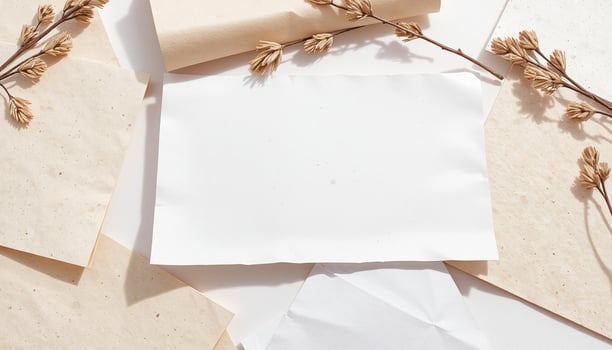 Blank paper, paper and dried leaves on a white surface photo