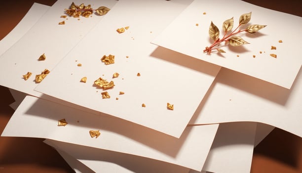 A pile of white paper with gold leaves photo