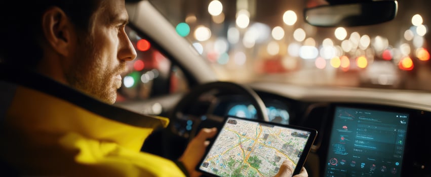 The driver using a tablet for navigation in a modern car at night photo