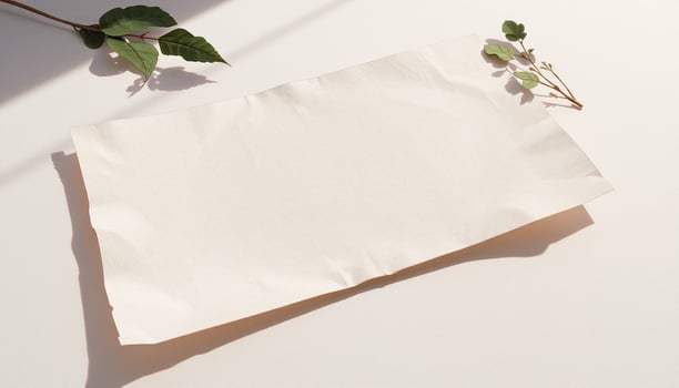 Blank paper on a white surface with leaves photo