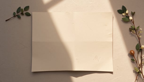 Blank paper on a table with leaves and flowers photo