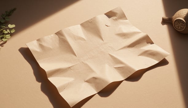 Paper crumpled on a table with a plant photo
