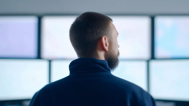 Male professional with beard is observing multiple computer screens in a modern workspace with a focus on technology and data analysis photo