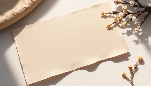 Blank paper and a branch on a white surface photo
