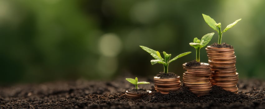 The growing investment of seedlings emerging from stacks of coins. photo