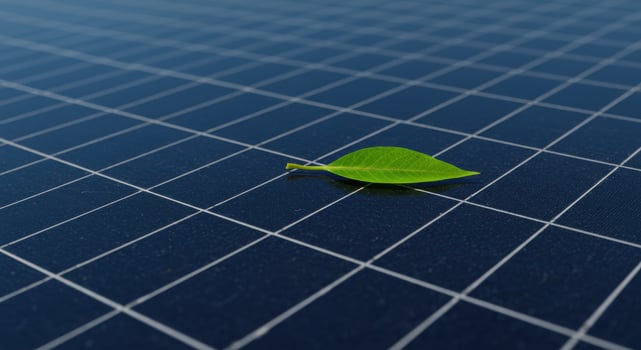 Green Leaf on Solar Panel Symbolizing Renewable Energy and Environmental Sustainability photo