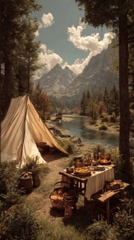 Gathering for a Feast by the Riverside in a Mountainous Wilderness Setting photo