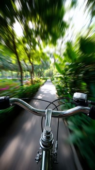 Cycling along a lush green path in a vibrant park during daylight hours photo