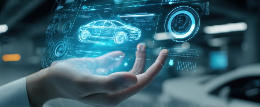The futuristic car hologram displayed in a hand showcasing advanced technology. photo