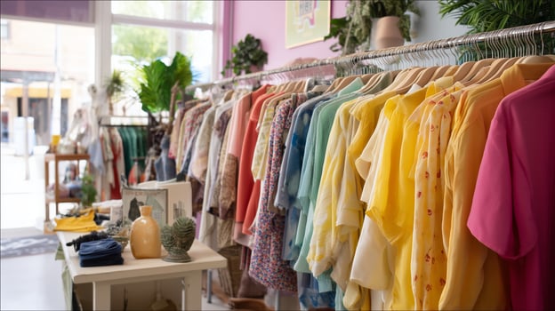 Colorful clothing displayed in a boutique during the day with a bright and inviting atmosphere photo