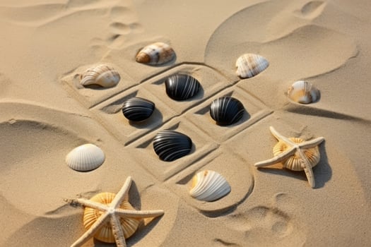 Noughts and crosses design in sand with seashells on beach photo