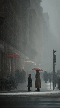 Children and Adults in a Snowy Street With Umbrellas in a Winter City Setting During a Snowstorm photo