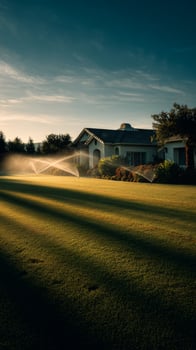 Morning Sunlight Illuminates Green Garden With Sprinklers in Residential Backyard photo